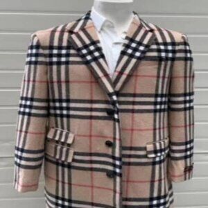 Mens Plaid Overcoat - Checkered Carcoat - Wool Three Quarter Peacoat Notch Lapel